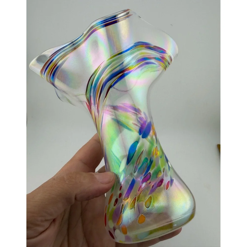 Murano Hand Blown Art Glass Vase Medium Multicolor Iridescent Ruffled Confetti